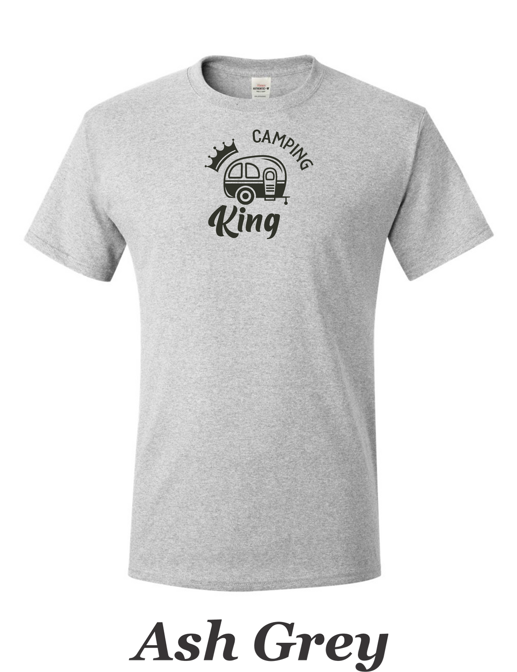 Camping King drawing printed on mens shirt.  Great camping gift for him.
