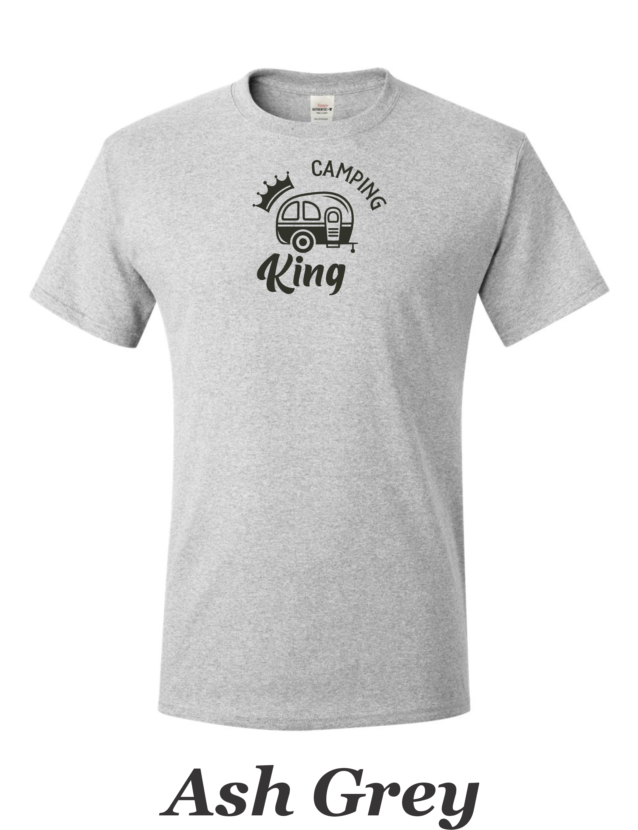 Camping King drawing printed on mens shirt.  Great camping gift for him.