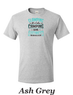 Glamping is like camping but with electricity and wine printed on mens shirt.