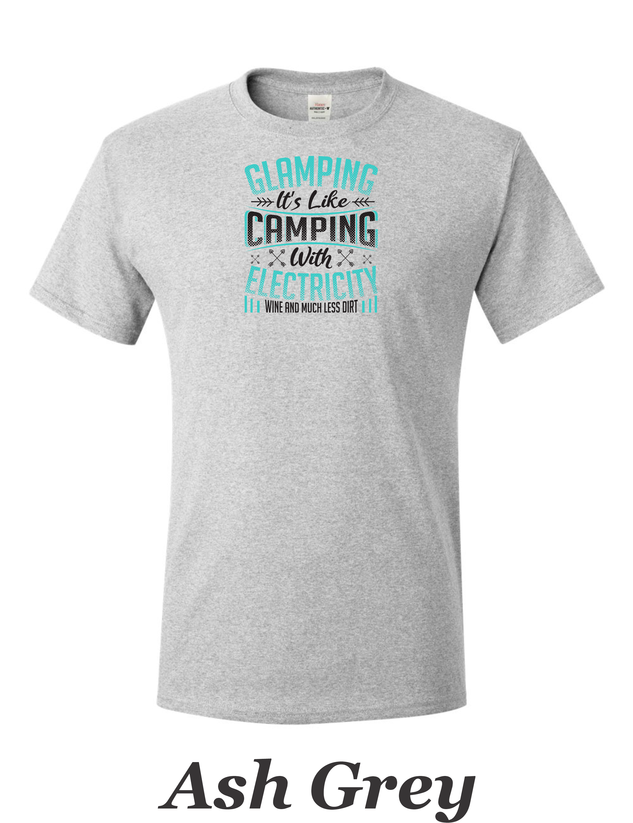 Glamping is like camping but with electricity and wine printed on mens shirt.