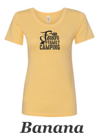 Faith Family Camping print on women's shirt. Great shirt for Family camping.