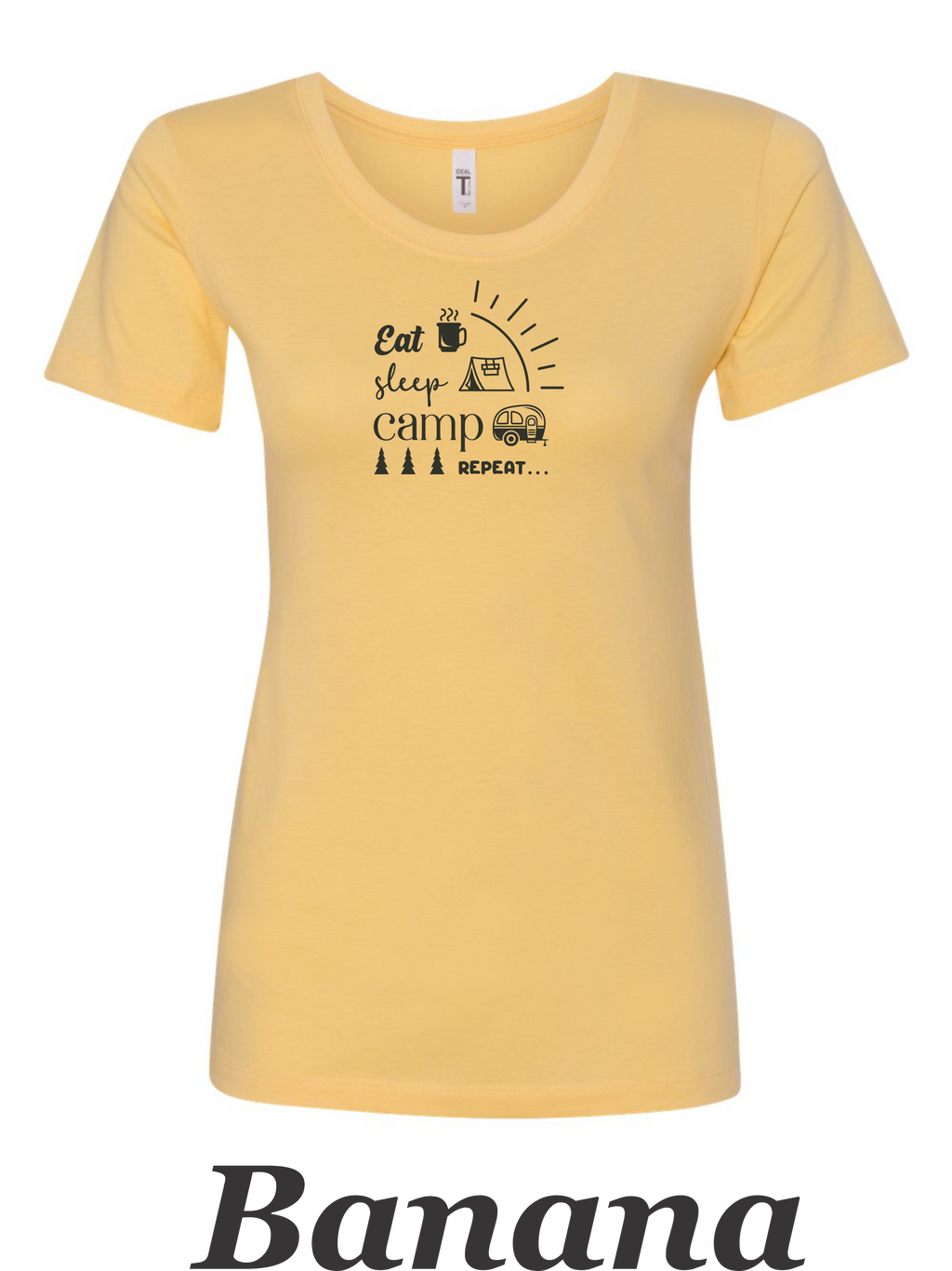 Eat, Sleep, Camp, Repeat print on women's shirt. Great gift for camper.