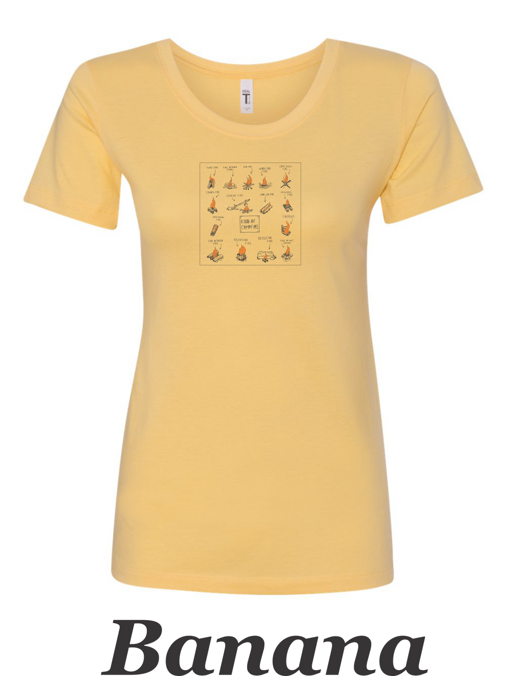 Types of campfires printed on women's shirt. Great camping shirt.