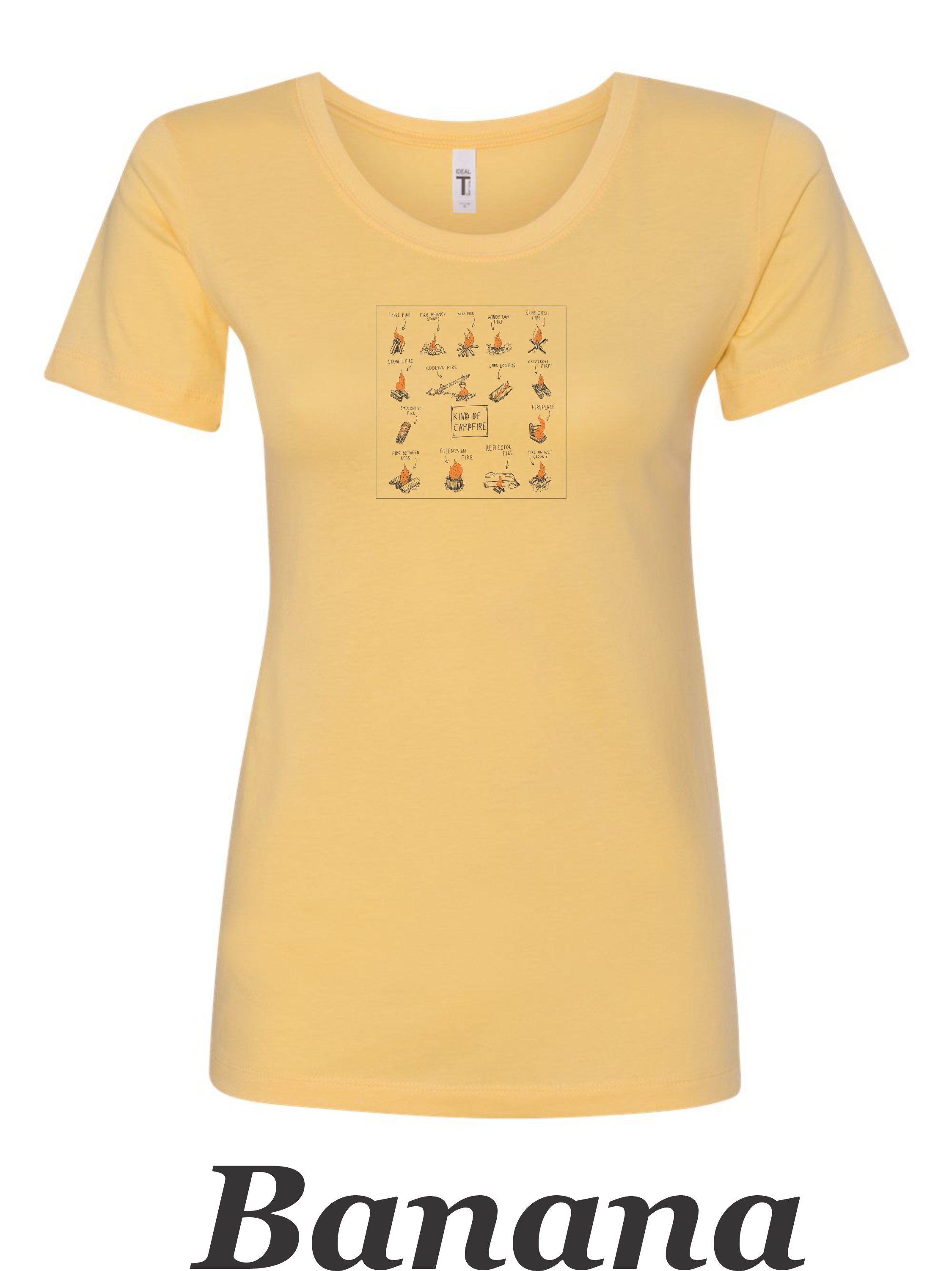Types of campfires printed on women's shirt. Great camping shirt.