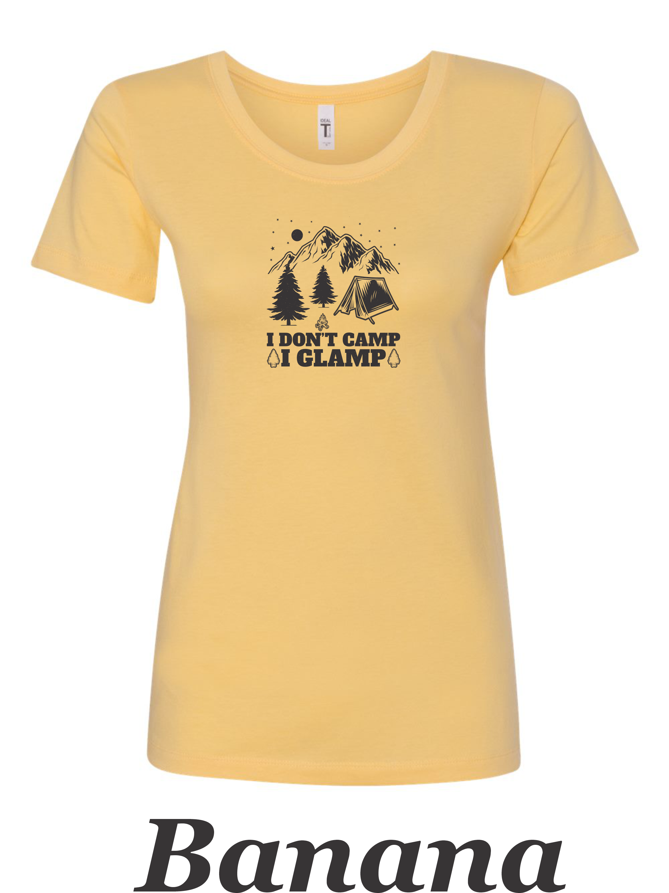 I don't Camp, I Glamp drawing printed on women's shirt.  Great gift for camping.