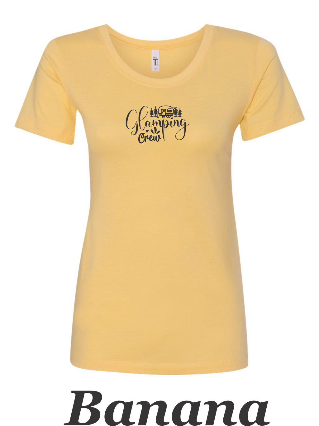 Glamping Crew printed on women's shirt.  Great for the Women's group camping trip.