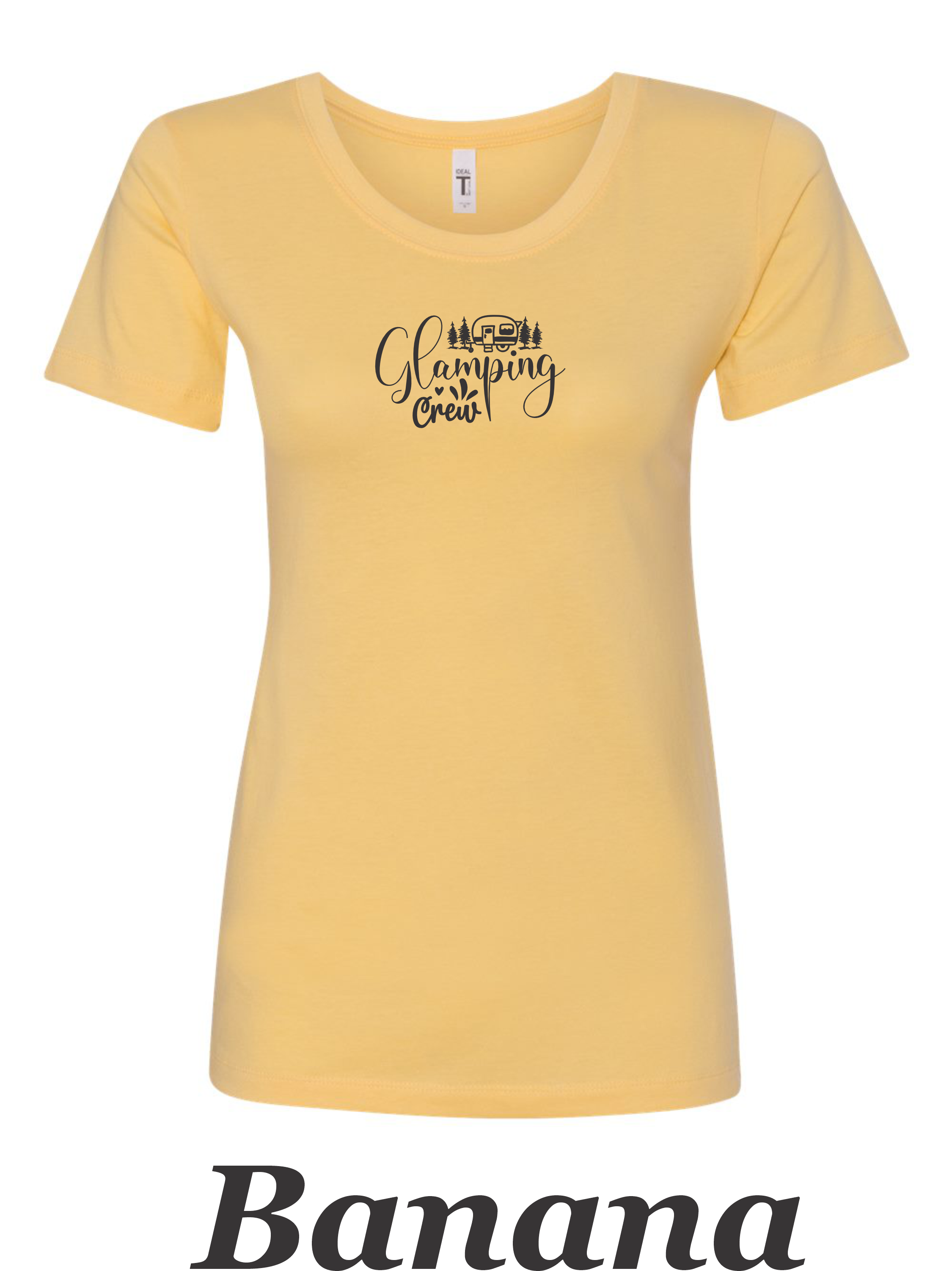 Glamping Crew printed on women's shirt.  Great for the Women's group camping trip.