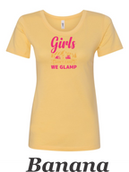 We don't camp We Glamp printed on womens shirt.  Great comping shirt.