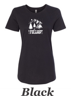 I don't Camp, I Glamp drawing printed on women's shirt.  Great gift for camping.