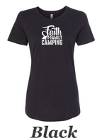 Faith Family Camping print on women's shirt. Great shirt for Family camping.