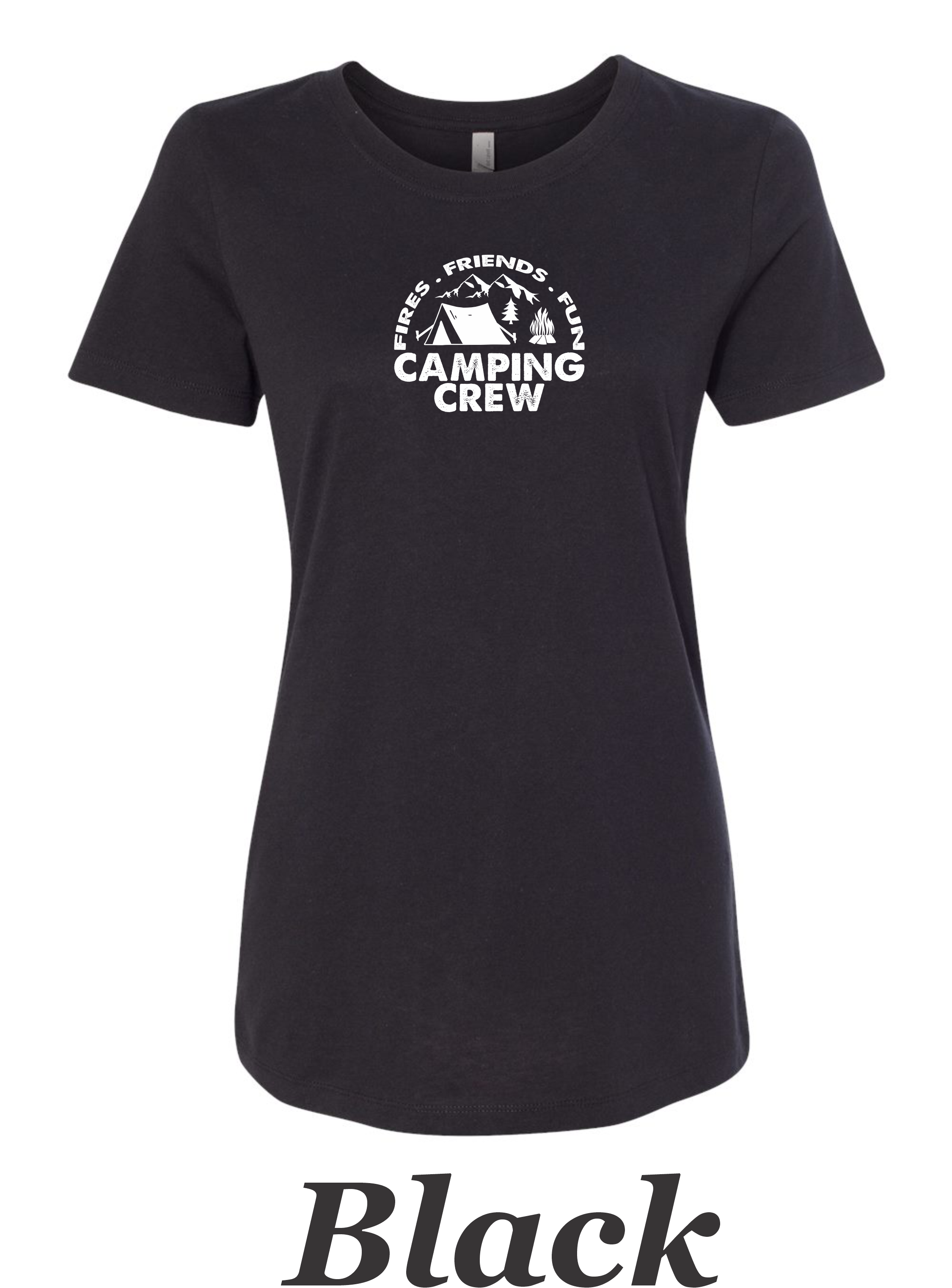 Fire, Friends, Fun , Camping Crew Printed on women's shirt.  Great for the group camp trip.