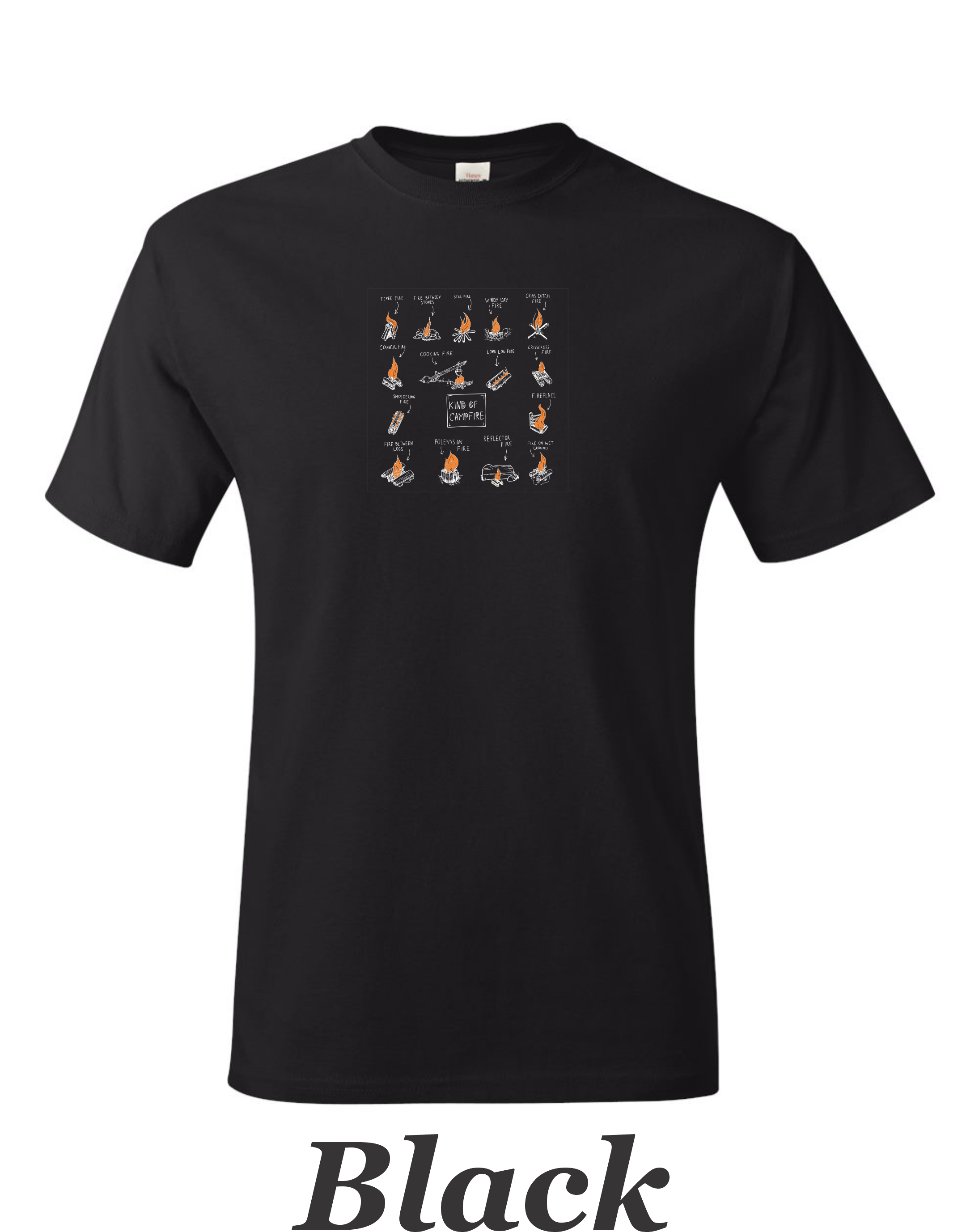 Types of campfires printed on mens shirt. Great camping shirt for Him.