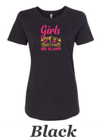 We don't camp We Glamp printed on womens shirt.  Great comping shirt.