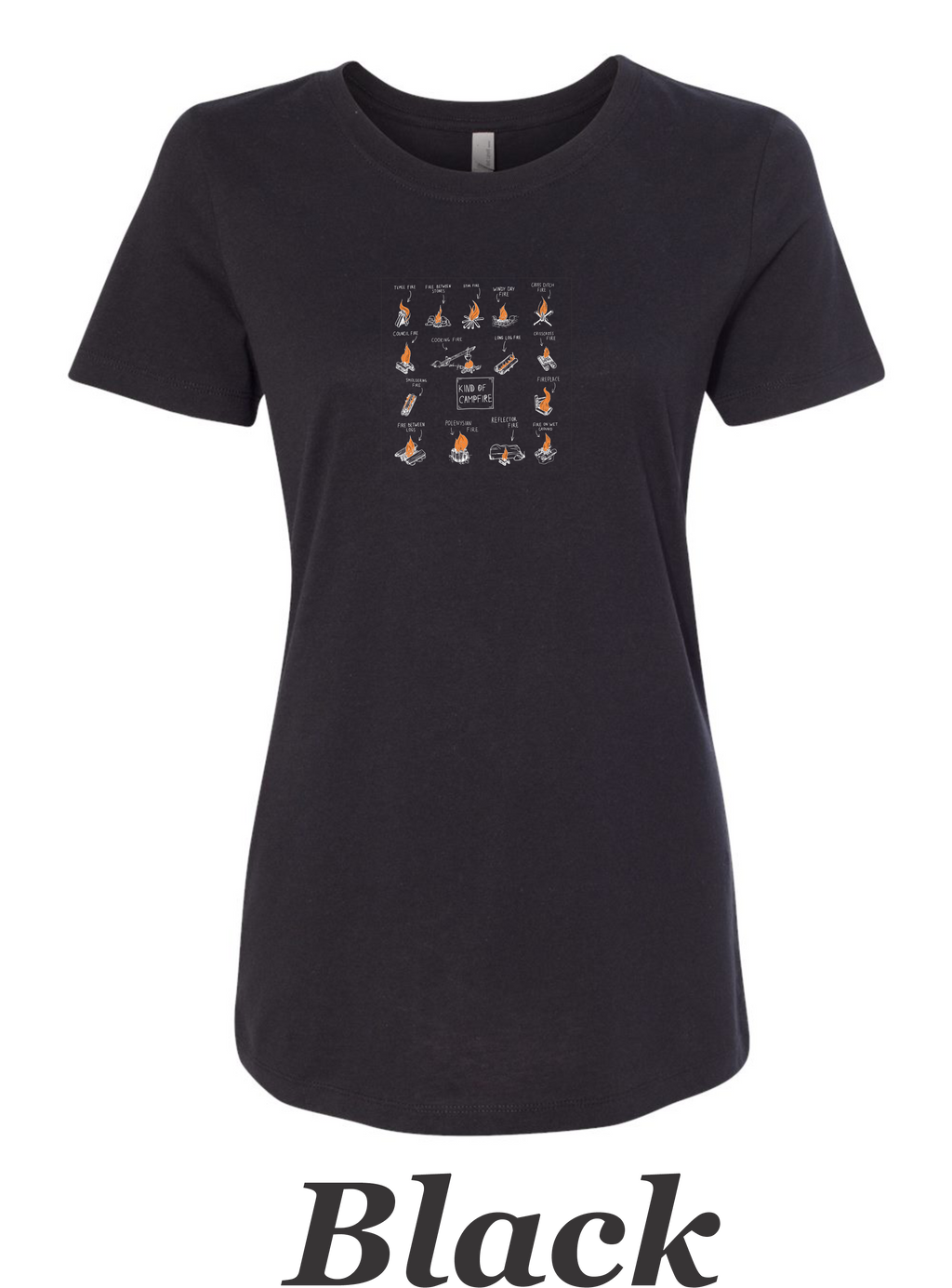 Types of campfires printed on women's shirt. Great camping shirt.