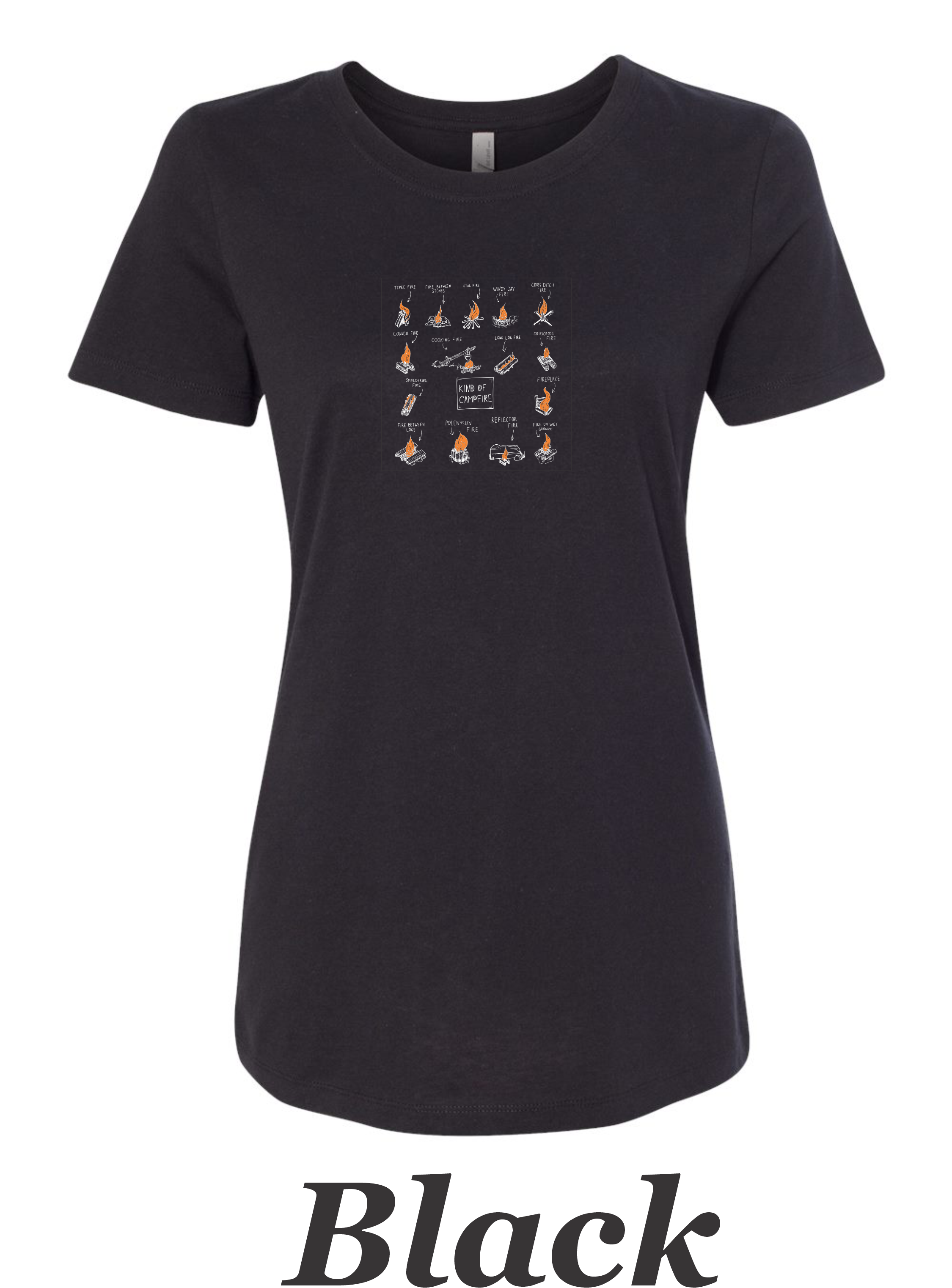 Types of campfires printed on women's shirt. Great camping shirt.