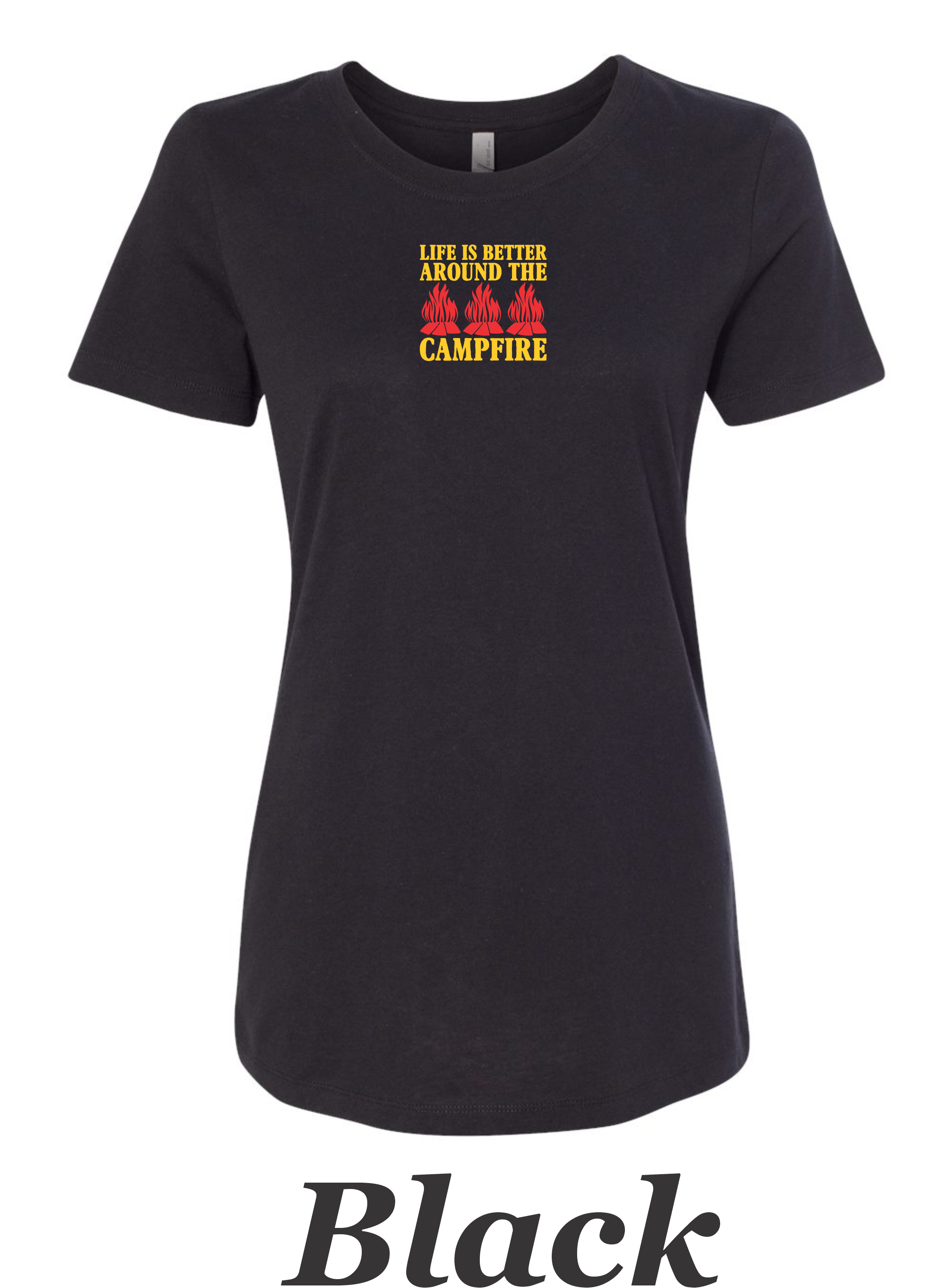 Life is better around the campfire, color drawing printed on women's shirt.