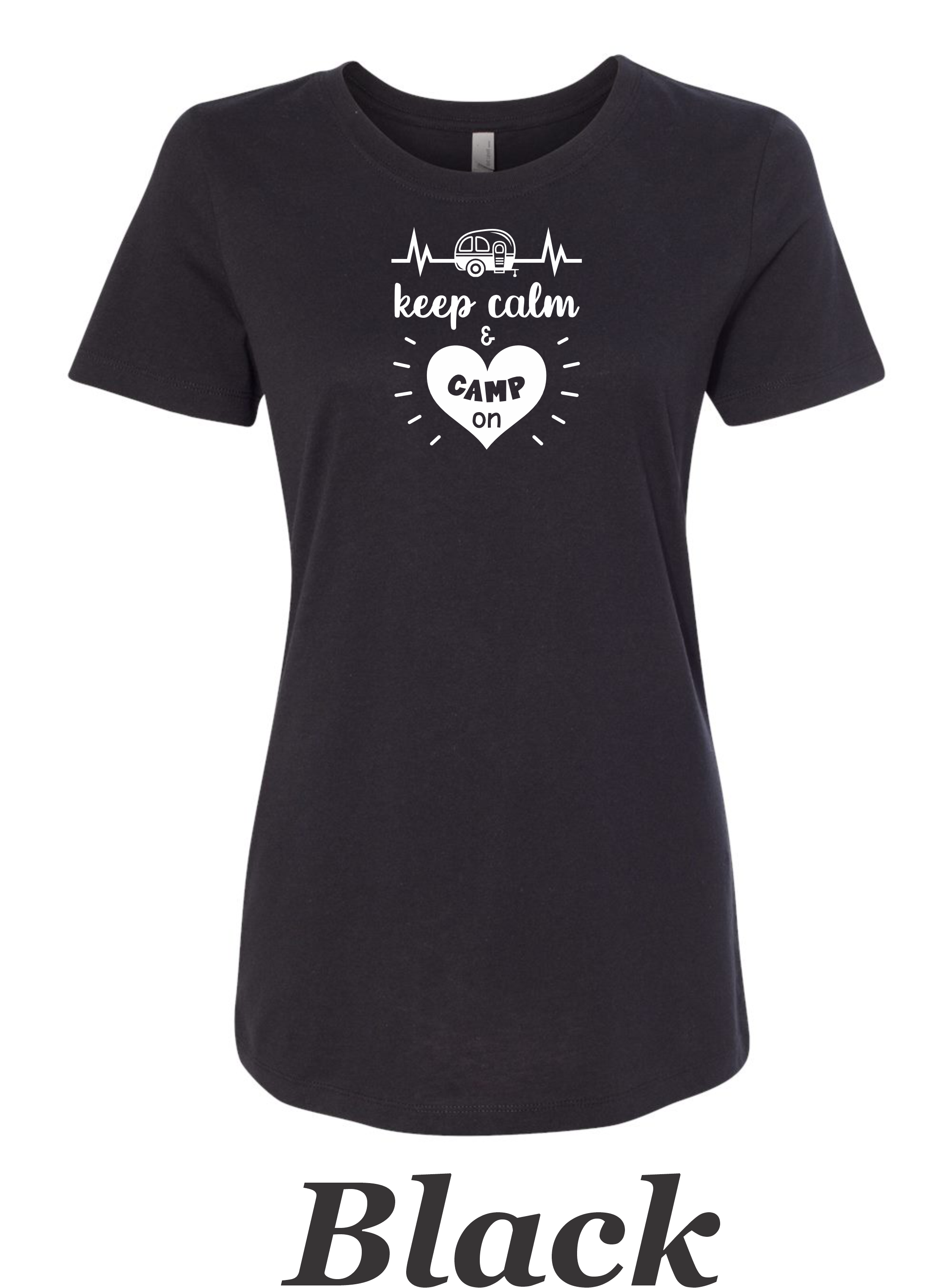 Keep Calm and Camp on print on women's shirt.  Great gift for the summer camping trip. .