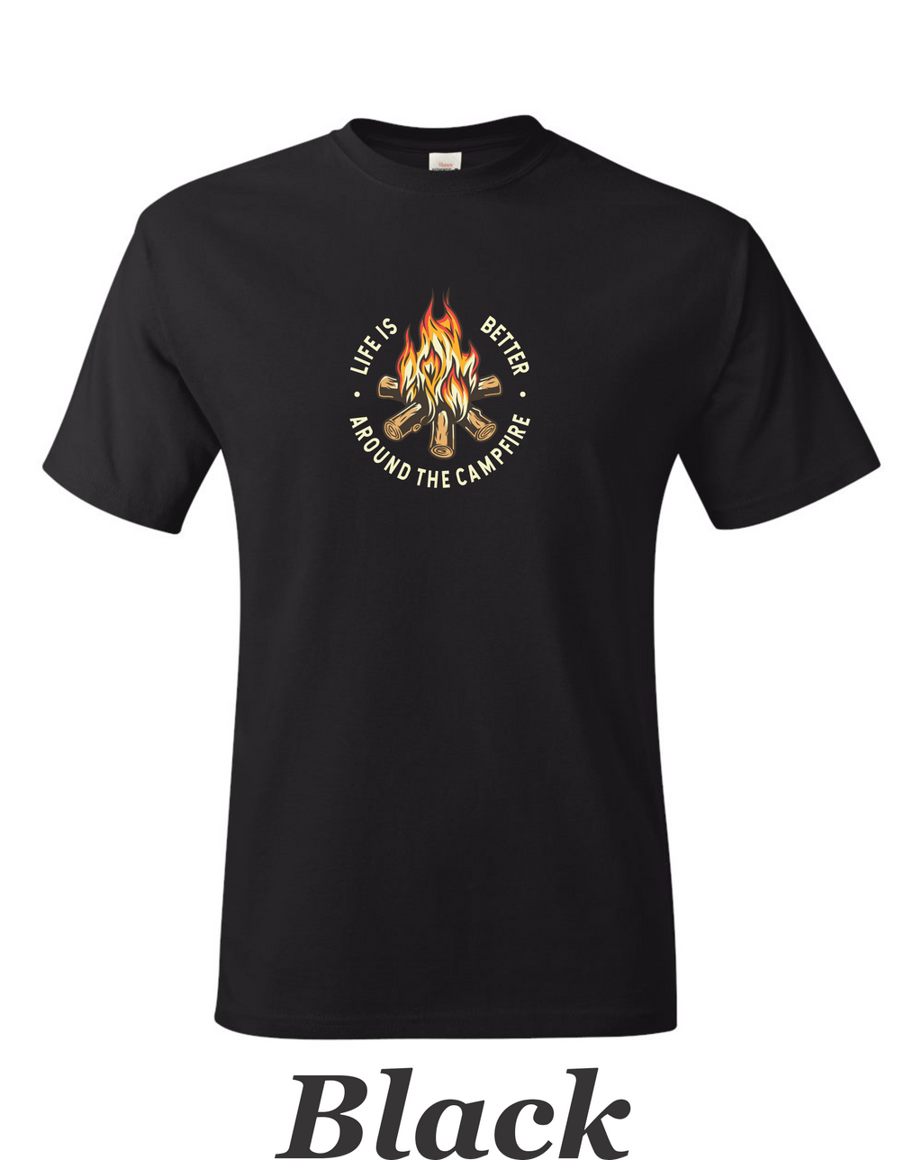 Color drawing of life is better around the campfire print on mens shirt.