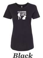 A Camper & a Dog, Life is Good printed on women's shirt. Great camping shirt.