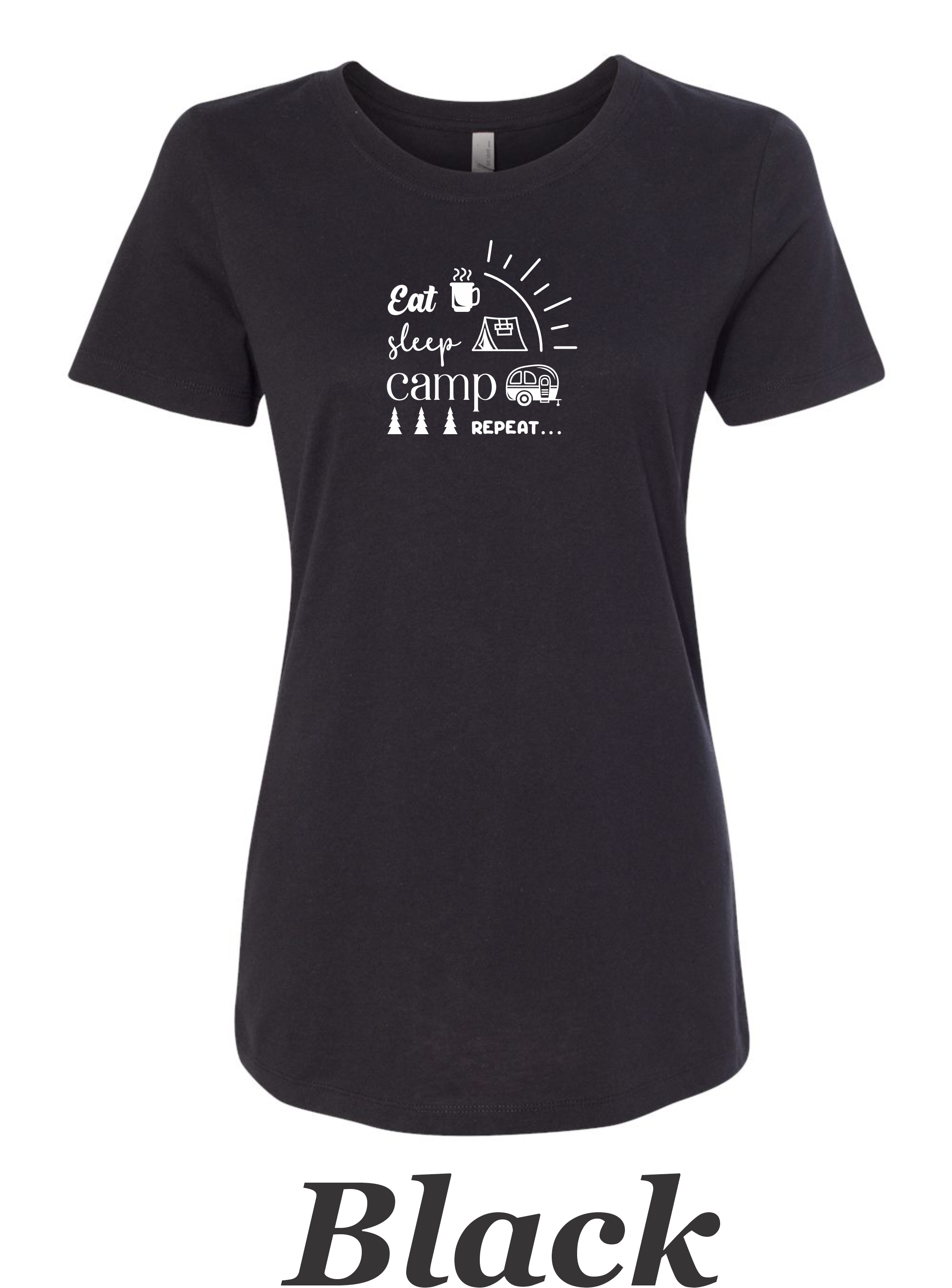 Eat, Sleep, Camp, Repeat print on women's shirt. Great gift for camper.