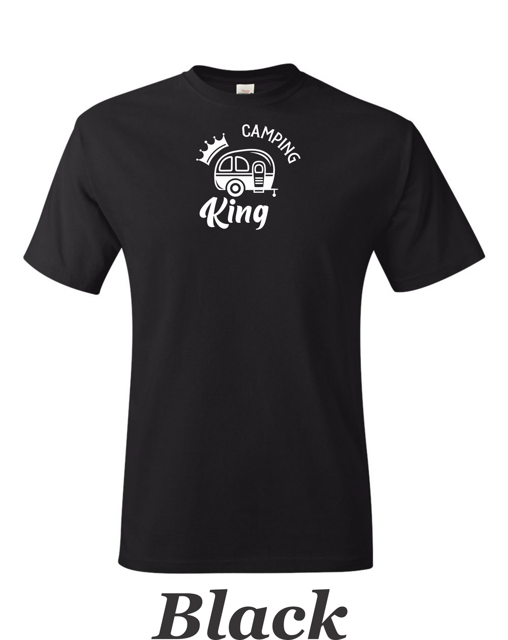 Camping King drawing printed on mens shirt.  Great camping gift for him.