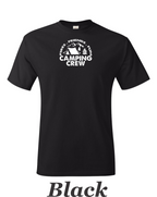 Fire Friends Fun Camping crew print on mens shirt.  Great shirt for group camping.