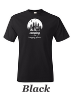 Camping is my happy place printed on mens shirt. Great gift for the weekend camper.