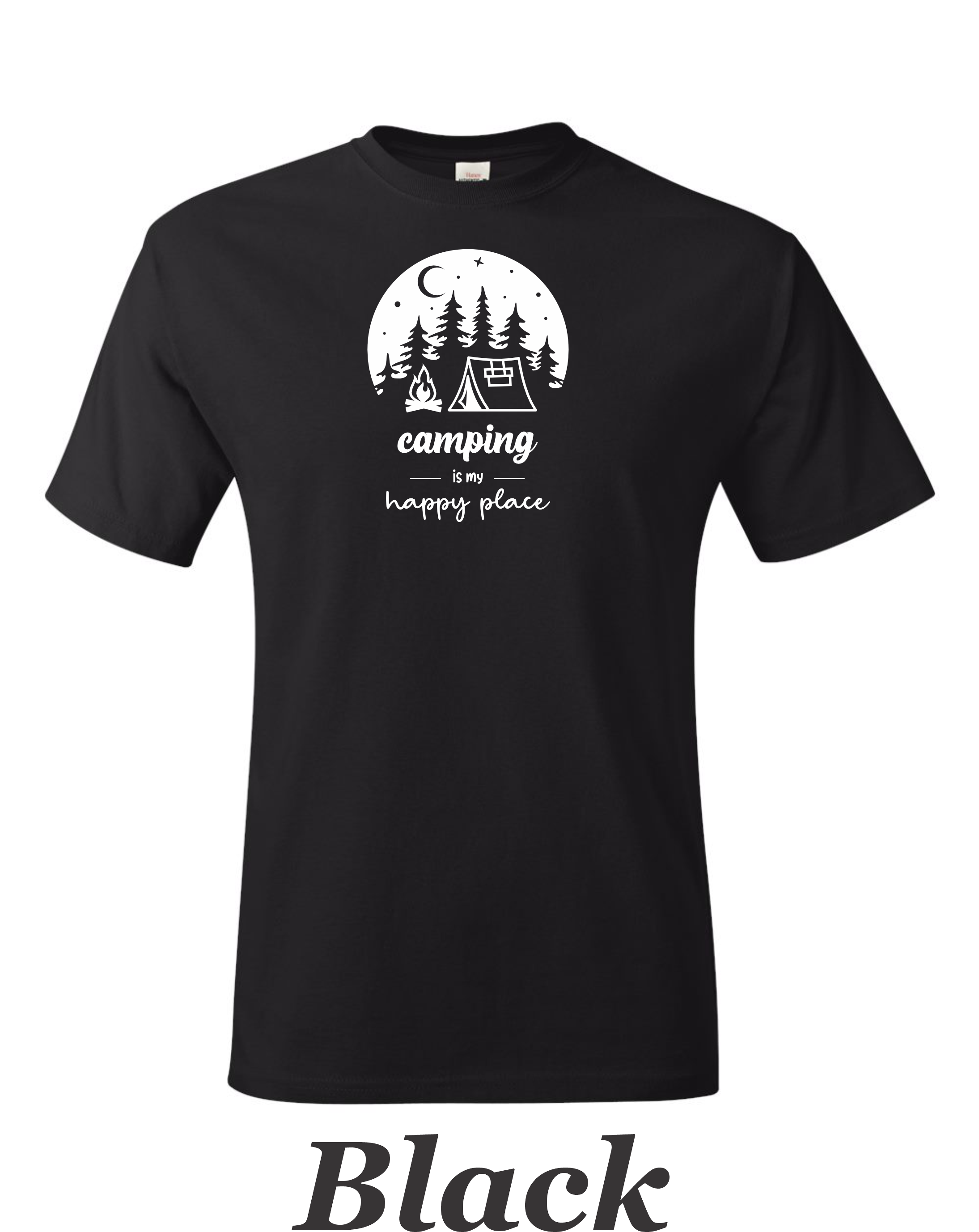 Camping is my happy place printed on mens shirt. Great gift for the weekend camper.