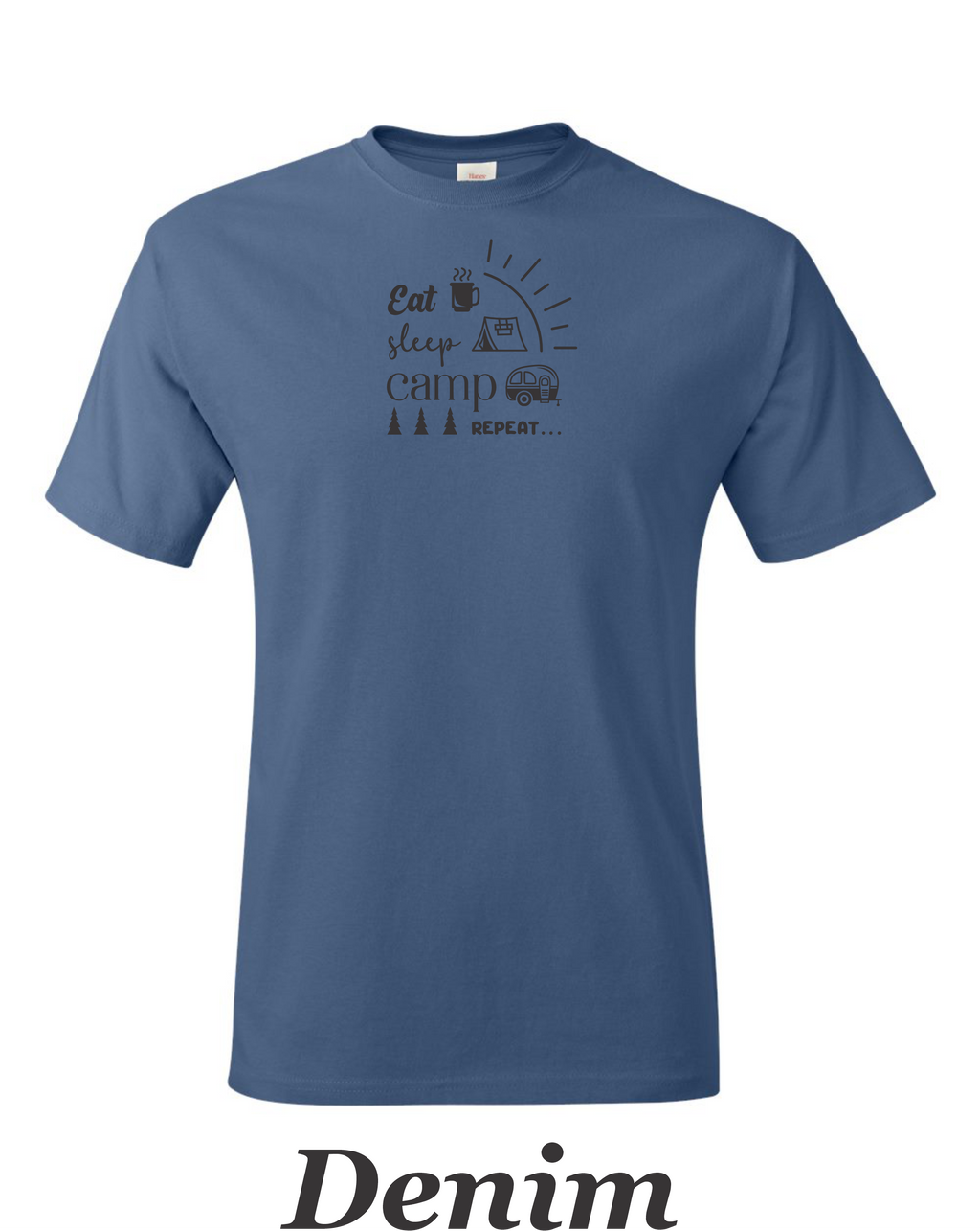 Eat, Sleep, Camp, Repeat print on mens shirt. Great gift for the camper.