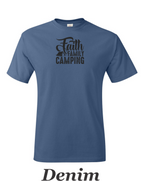 Faith Family Camping drawing on mens shirt.  Great shirt for family camping trips.