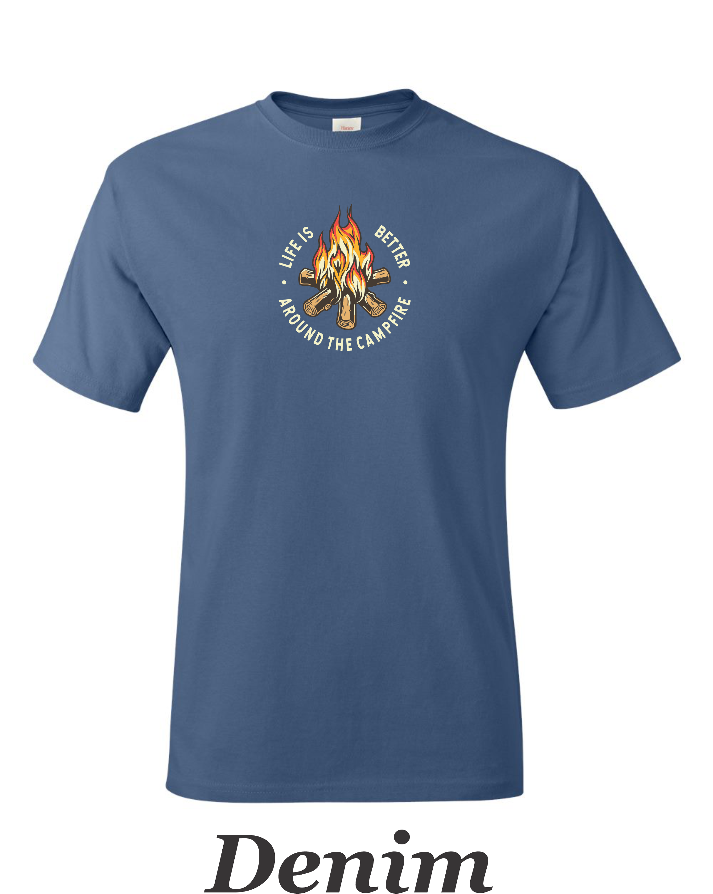 Color drawing of life is better around the campfire print on mens shirt.