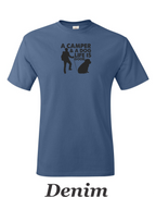 Camper and a dog, Life is good print on mens shirt. Gift for him