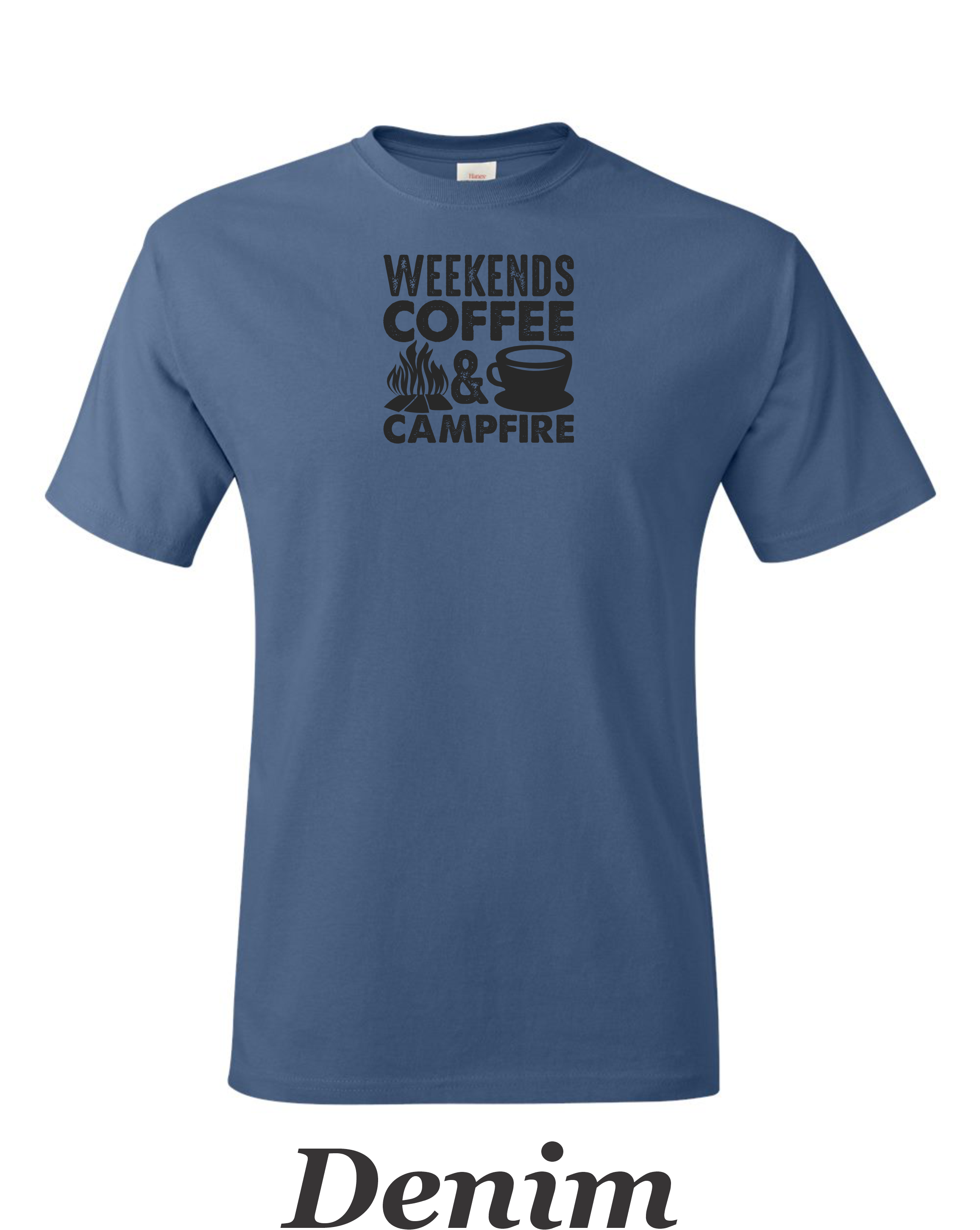 Weekends, Coffee, and Campfires print on mens shirt.  Great gift for his weekend.