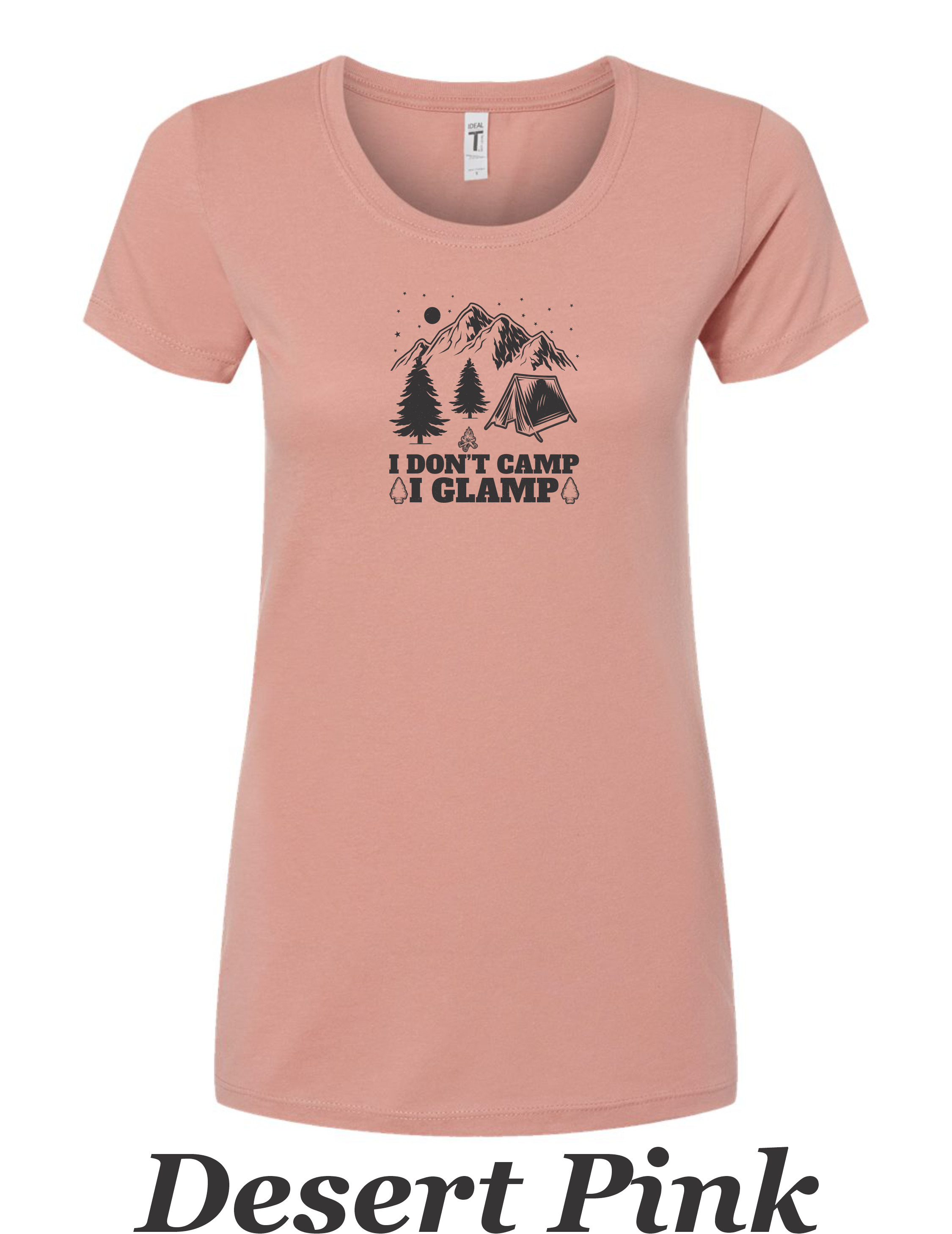 I don't Camp, I Glamp drawing printed on women's shirt.  Great gift for camping.