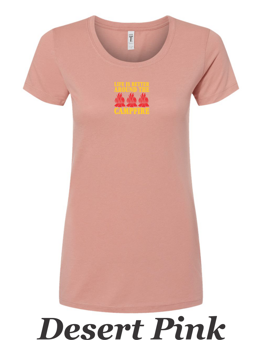 Life is better around the campfire, color drawing printed on women's shirt.