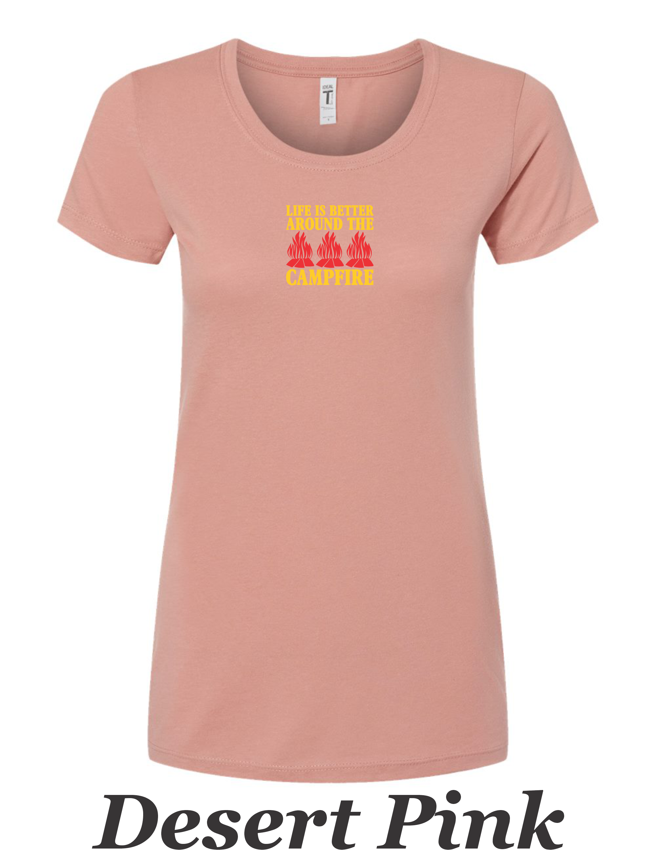 Life is better around the campfire, color drawing printed on women's shirt.