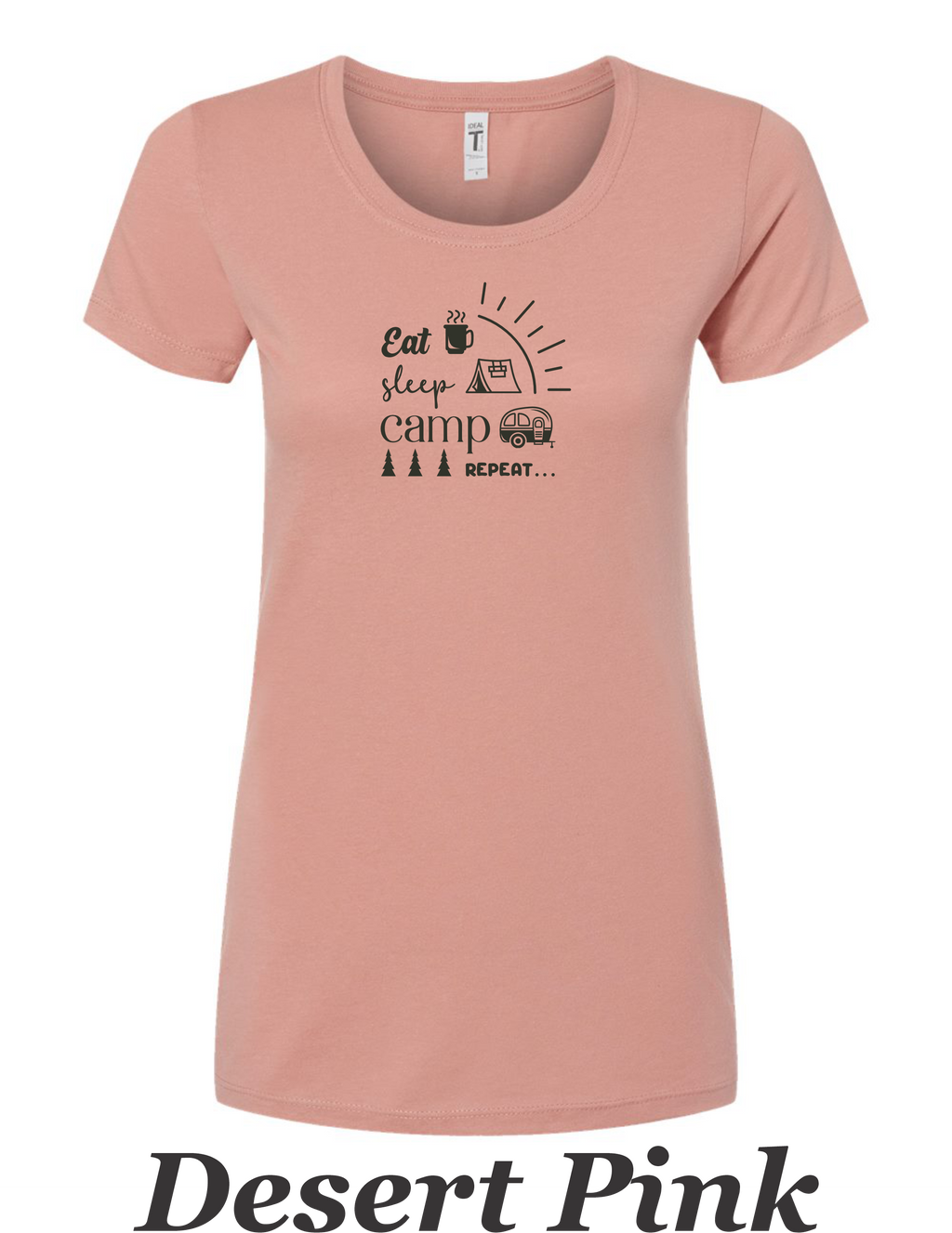 Eat, Sleep, Camp, Repeat print on women's shirt. Great gift for camper.
