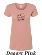 Eat, Sleep, Camp, Repeat print on women's shirt. Great gift for camper.