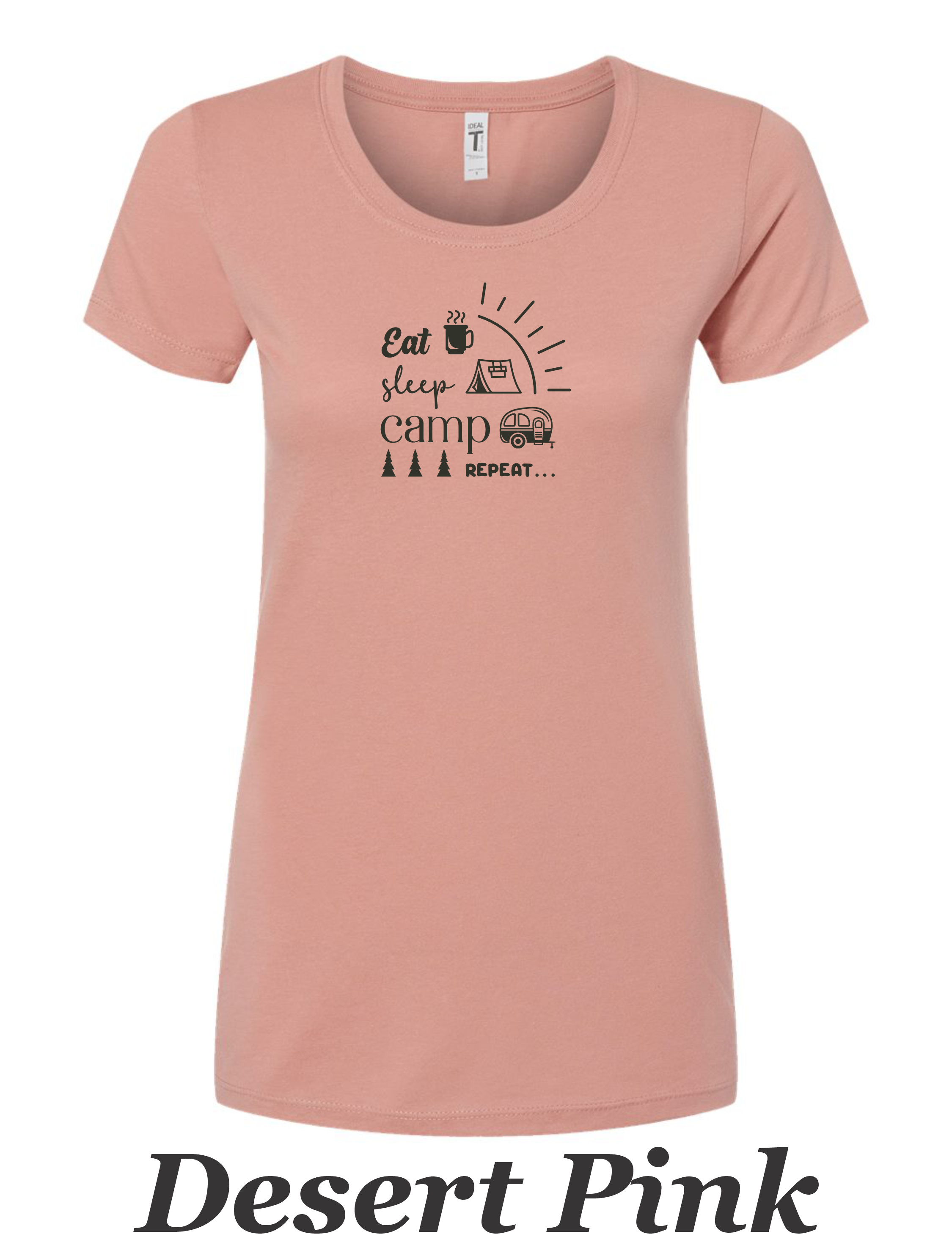 Eat, Sleep, Camp, Repeat print on women's shirt. Great gift for camper.