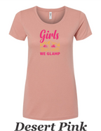 We don't camp We Glamp printed on womens shirt.  Great comping shirt.