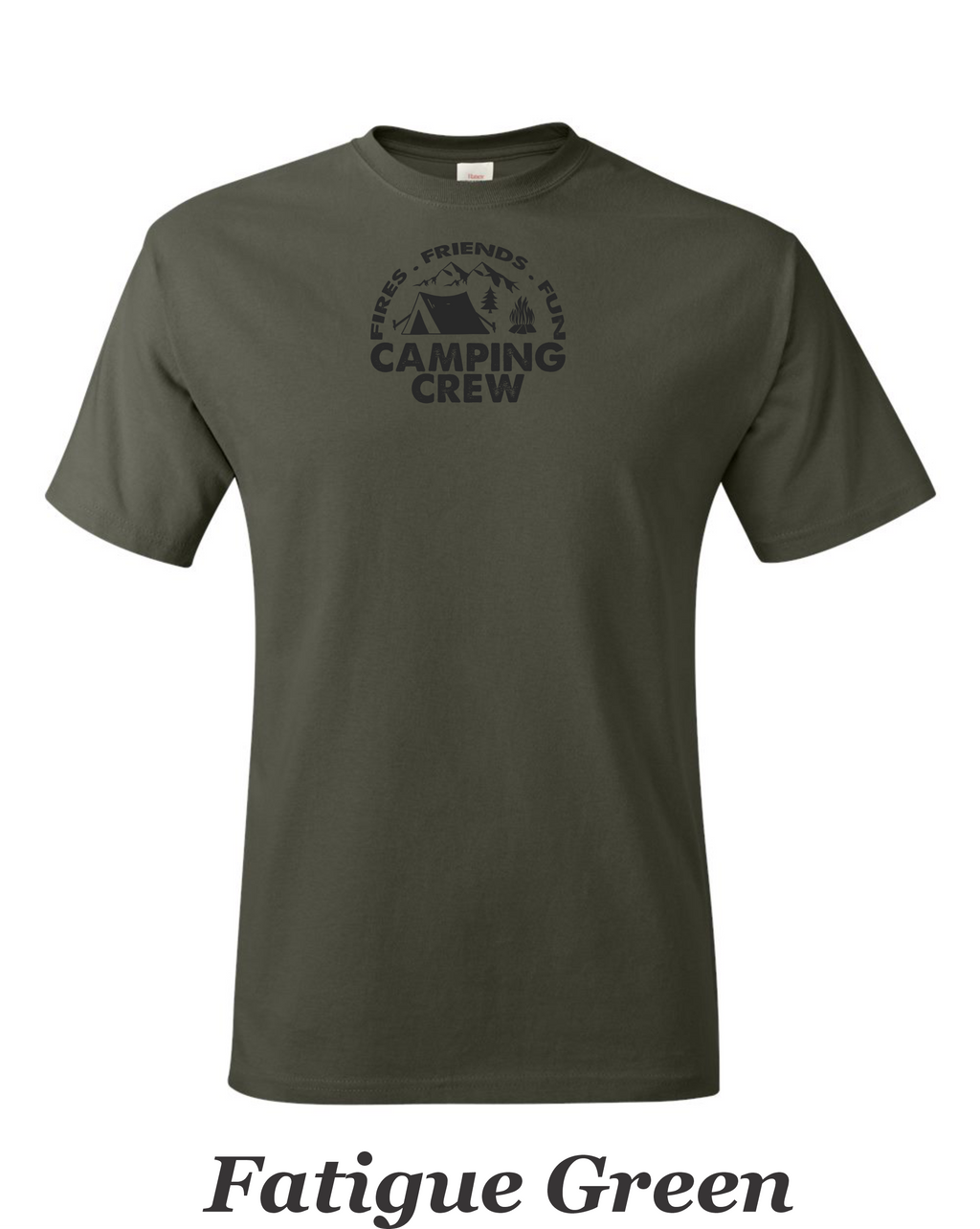 Fire Friends Fun Camping crew print on mens shirt.  Great shirt for group camping.