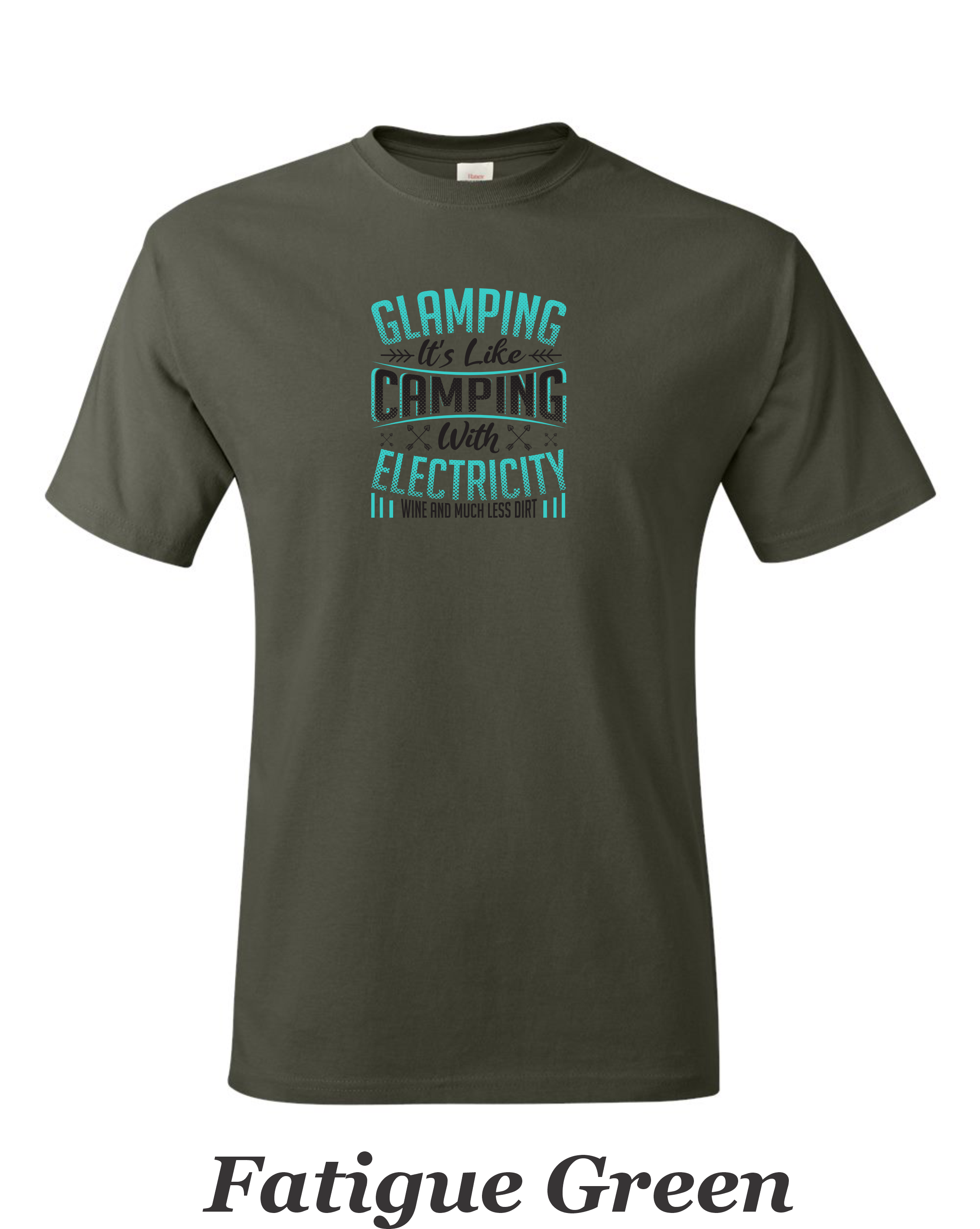 Glamping is like camping but with electricity and wine printed on mens shirt.