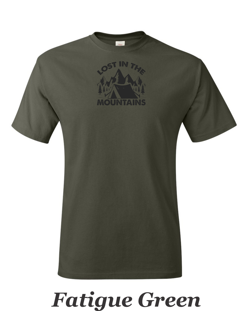 Lost in the Mountains print on mens shirt.  Camping and Hiking shirt.