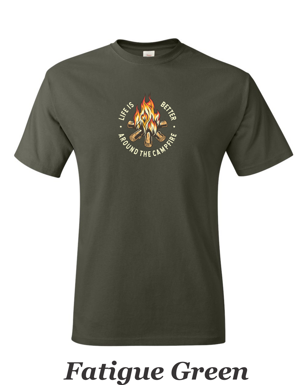Color drawing of life is better around the campfire print on mens shirt.