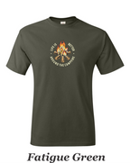 Color drawing of life is better around the campfire print on mens shirt.