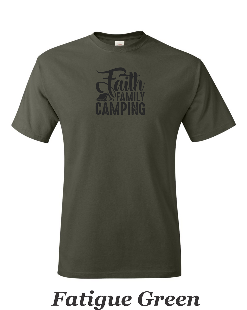 Faith Family Camping drawing on mens shirt.  Great shirt for family camping trips.