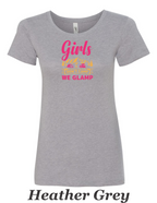 We don't camp We Glamp printed on womens shirt.  Great comping shirt.