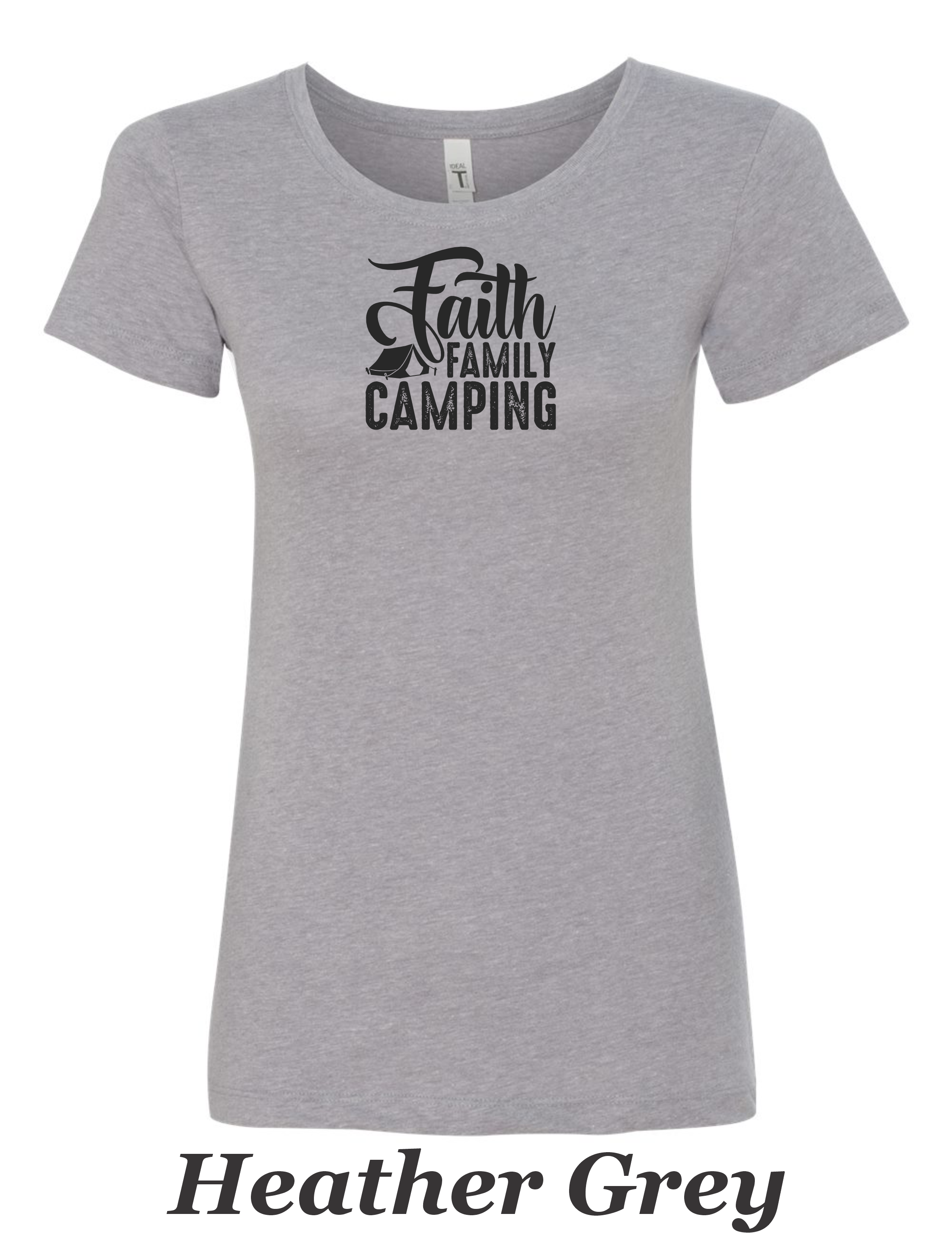 Faith Family Camping print on women's shirt. Great shirt for Family camping.