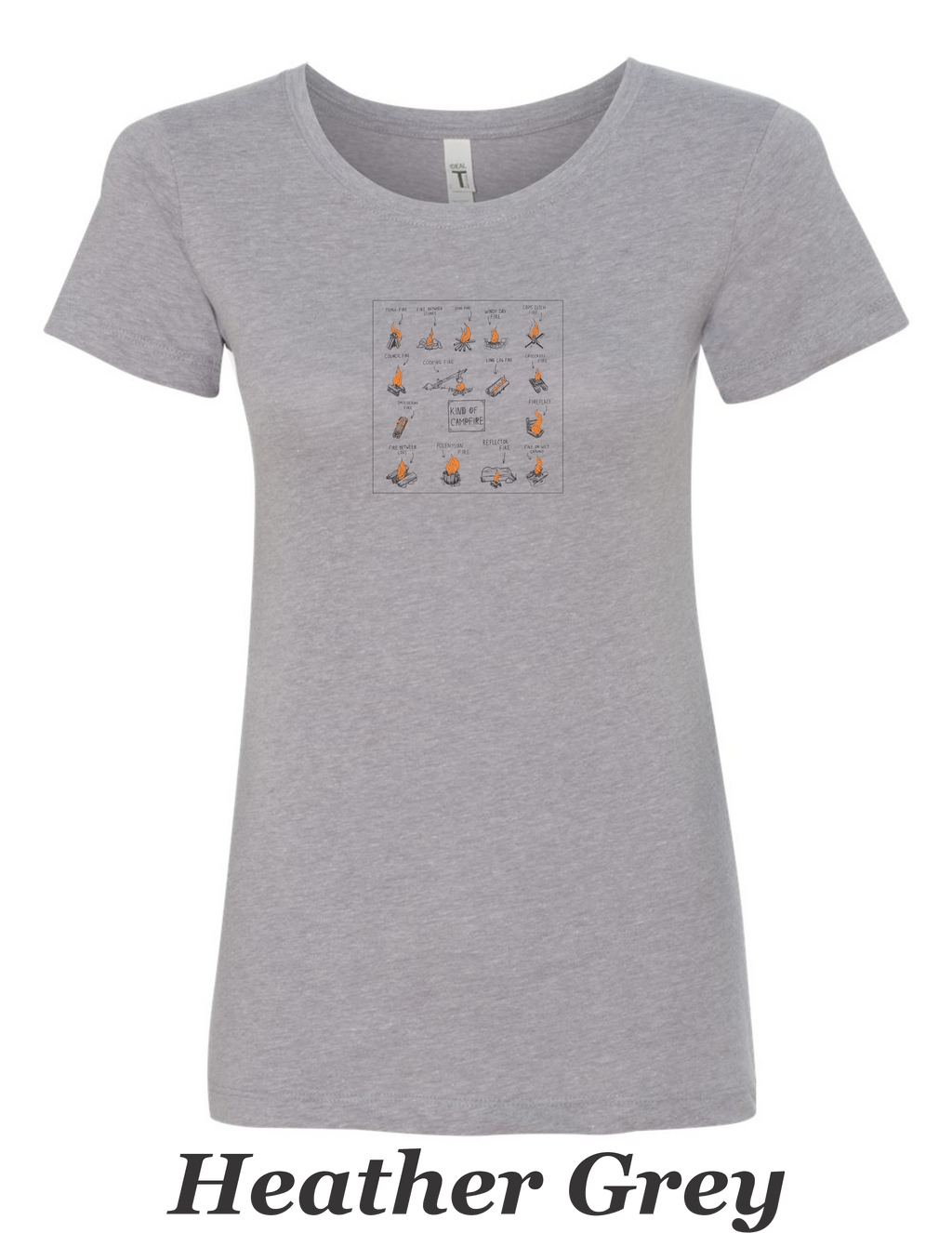 Types of campfires printed on women's shirt. Great camping shirt.
