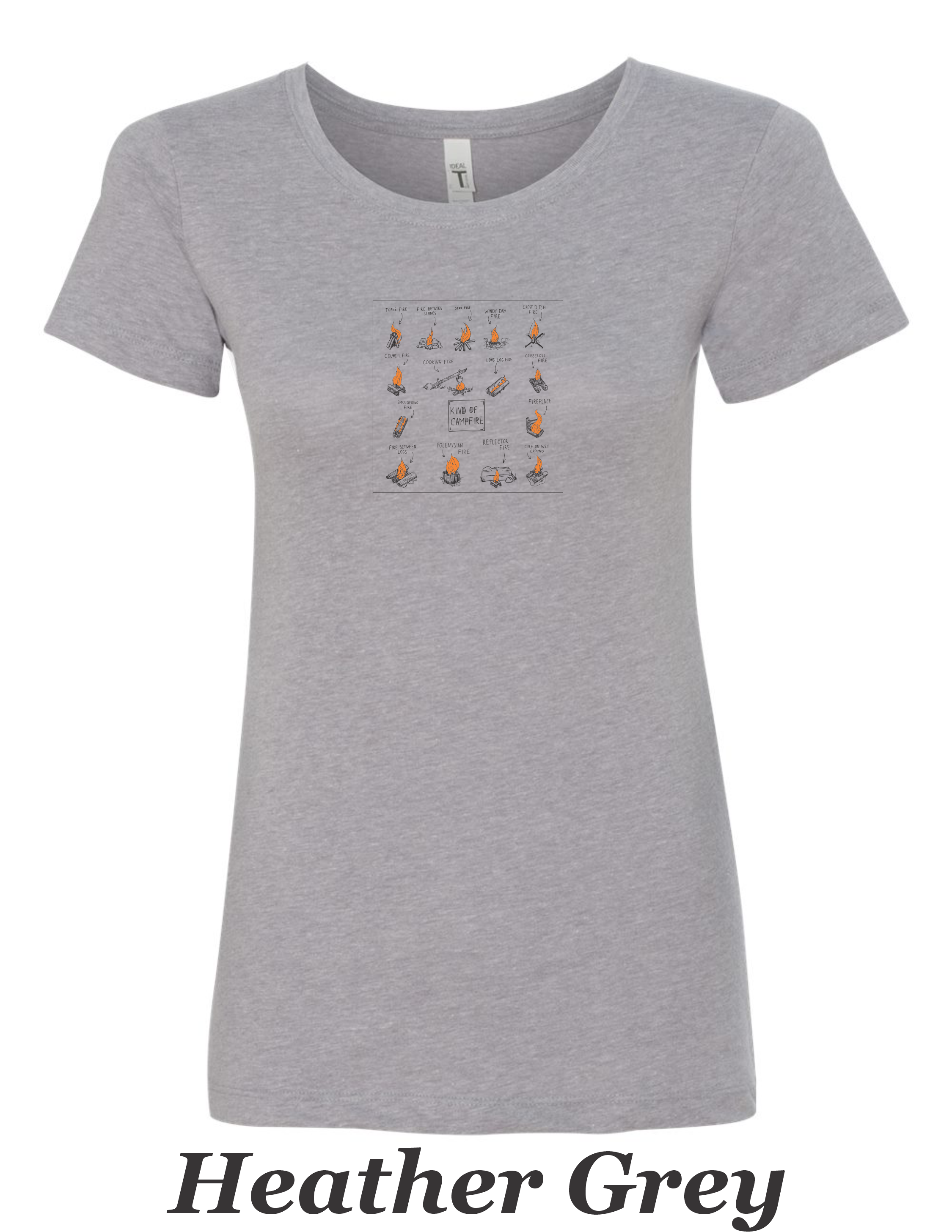 Types of campfires printed on women's shirt. Great camping shirt.